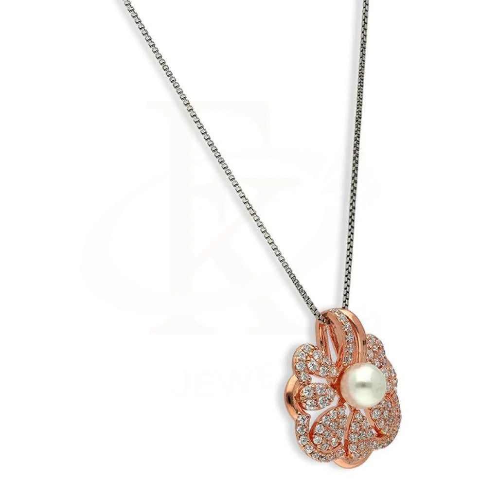 Italian Silver 925 Rose Gold Plated Flower Shaped With Pearl Pendant Set (Necklace Earrings And