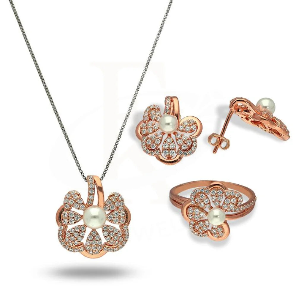 Italian Silver 925 Rose Gold Plated Flower Shaped With Pearl Pendant Set (Necklace Earrings And