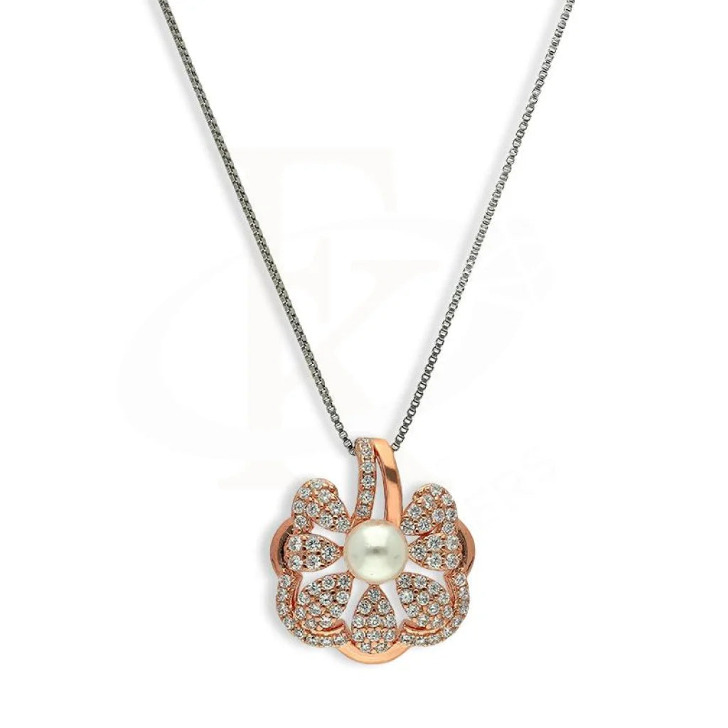 Italian Silver 925 Rose Gold Plated Flower Shaped With Pearl Pendant Set (Necklace Earrings And