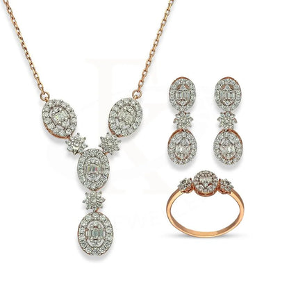 Italian Silver 925 Rose Gold Plated Oval Shaped Pendant Set (Necklace Earrings And Ring) -