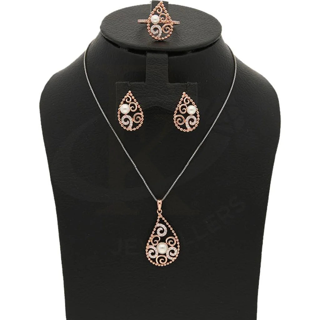 Italian Silver 925 Rose Gold Plated Pear Shaped With Pearl Pendant Set (Necklace Earrings And Ring)