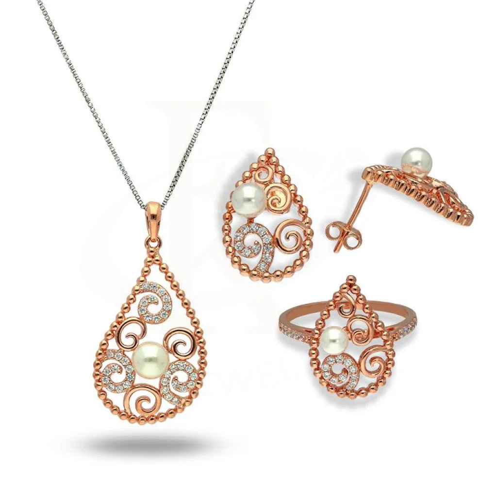 Italian Silver 925 Rose Gold Plated Pear Shaped With Pearl Pendant Set (Necklace Earrings And Ring)