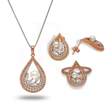 Italian Silver 925 Rose Gold Plated Pear Shaped With Pearl Pendant Set (Necklace Earrings And Ring)