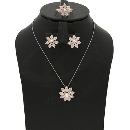 Italian Silver 925 Rose Gold Plated Star Shaped With Pearl Pendant Set (Necklace Earrings And Ring)