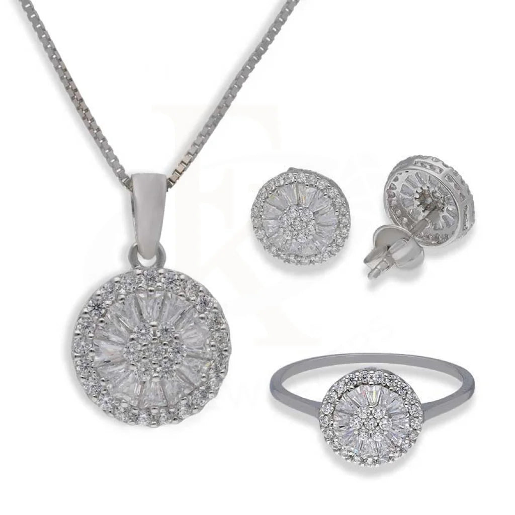 Sterling Silver 925 Round Shaped Pendant Set (Necklace Earrings And Ring) - Fkjnklstsl2367 Sets