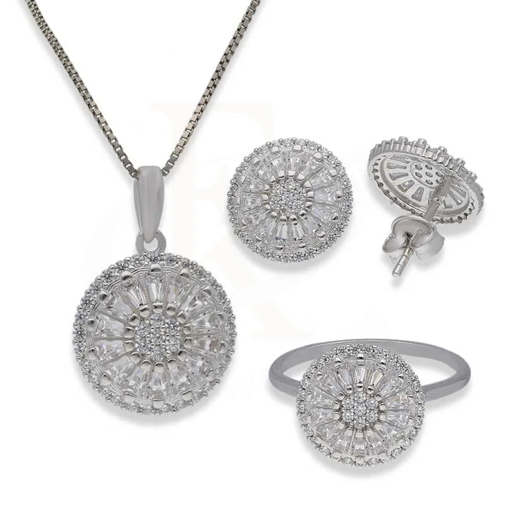 Sterling Silver 925 Round Shaped Pendant Set (Necklace Earrings And Ring) - Fkjnklstsl2368 Sets