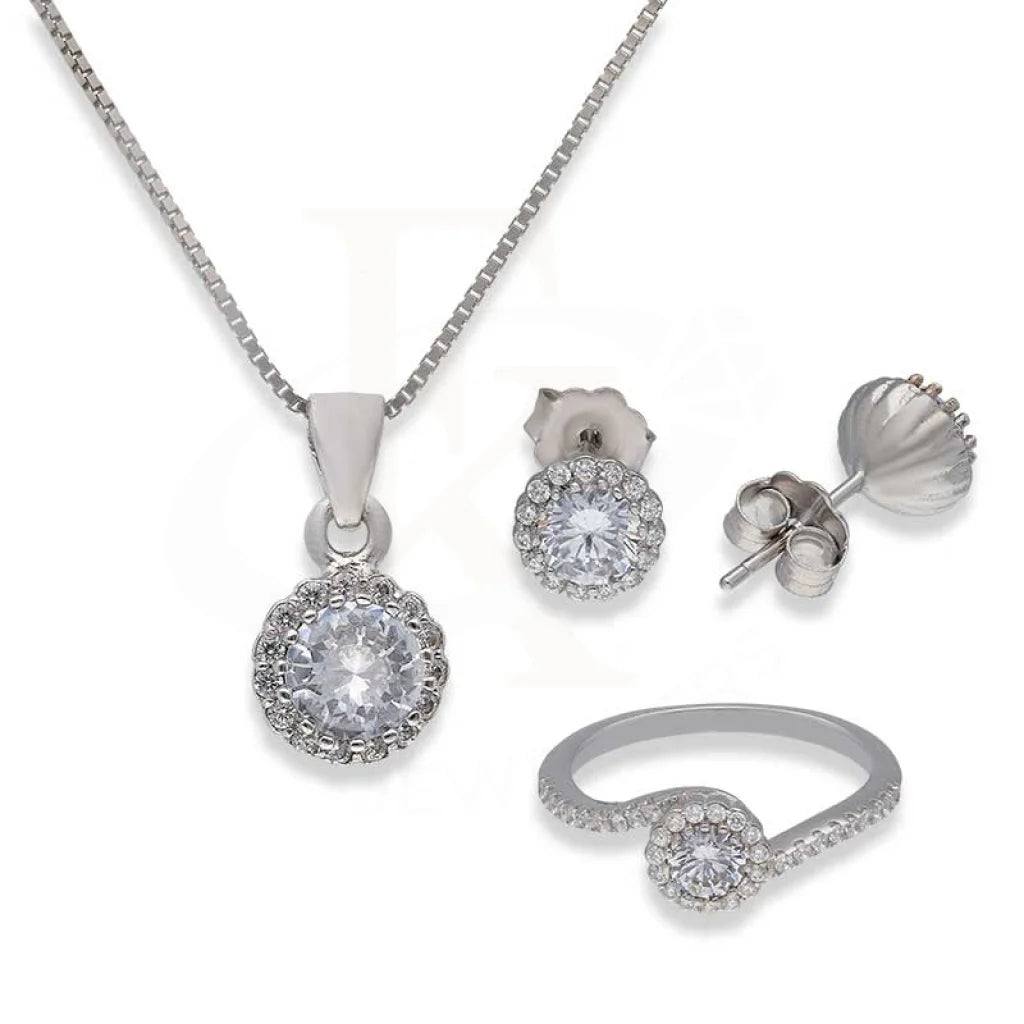 Sterling Silver 925 Round Shaped Pendant Set (Necklace Earrings And Ring) - Fkjnklstsl2371 Sets