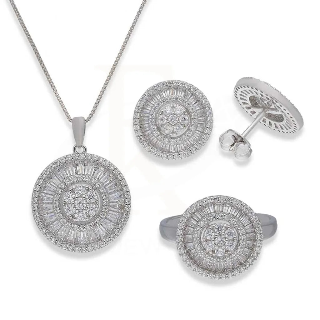 Sterling Silver 925 Round Shaped Pendant Set (Necklace Earrings And Ring) - Fkjnklstsl2372 Sets