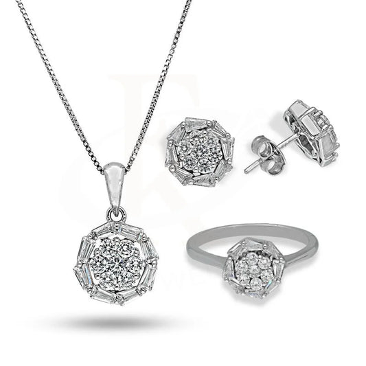 Italian Silver 925 Round Shaped Solitaire Pendant Set (Necklace Earrings And Ring) - Fkjnklstsl2329