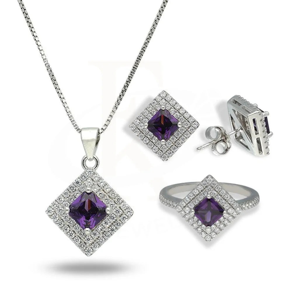 Italian Silver 925 Solitaire Pendant Set (Necklace Earrings And Ring) - Fkjnklstsl2263 Sets