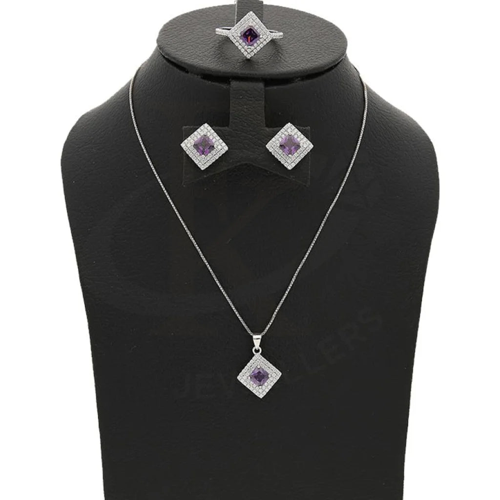 Italian Silver 925 Solitaire Pendant Set (Necklace Earrings And Ring) - Fkjnklstsl2263 Sets