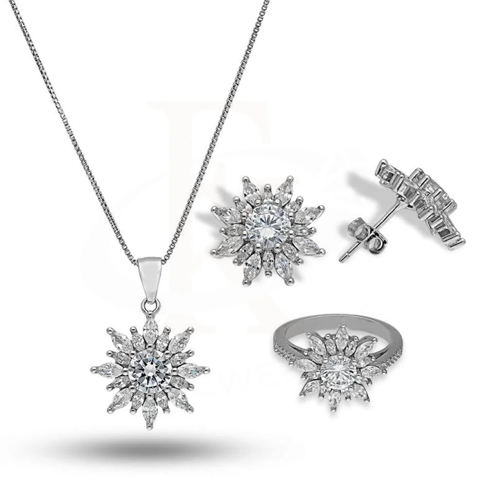 Italian Silver 925 Solitaire Pendant Set (Necklace Earrings And Ring) - Fkjnklstsl2278 Sets