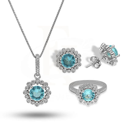 Italian Silver 925 Solitaire Pendant Set (Necklace Earrings And Ring) - Fkjnklstsl2279 Sets