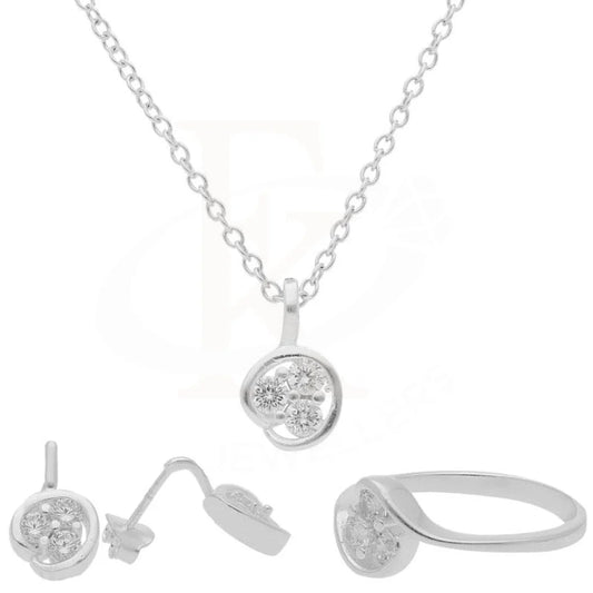 Italian Silver 925 Triple Solitaire Pendant Set (Necklace Earrings And Ring) - Fkjnklst2025 Sets