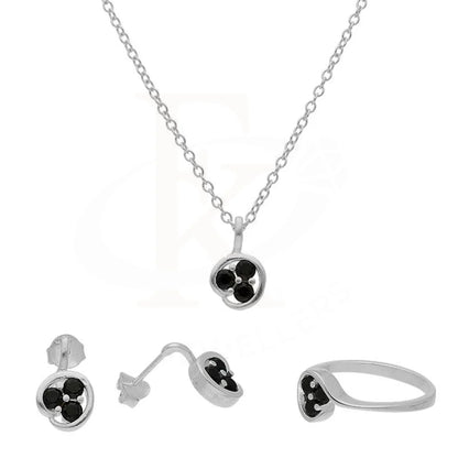 Italian Silver 925 Triple Solitaire Pendant Set (Necklace Earrings And Ring) - Fkjnklstsl2098 Sets