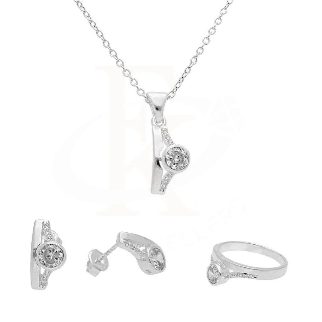 Italian Silver 925 White Solitaire Pendant Set (Necklace Earrings And Ring) - Fkjnklstsl2109 Sets