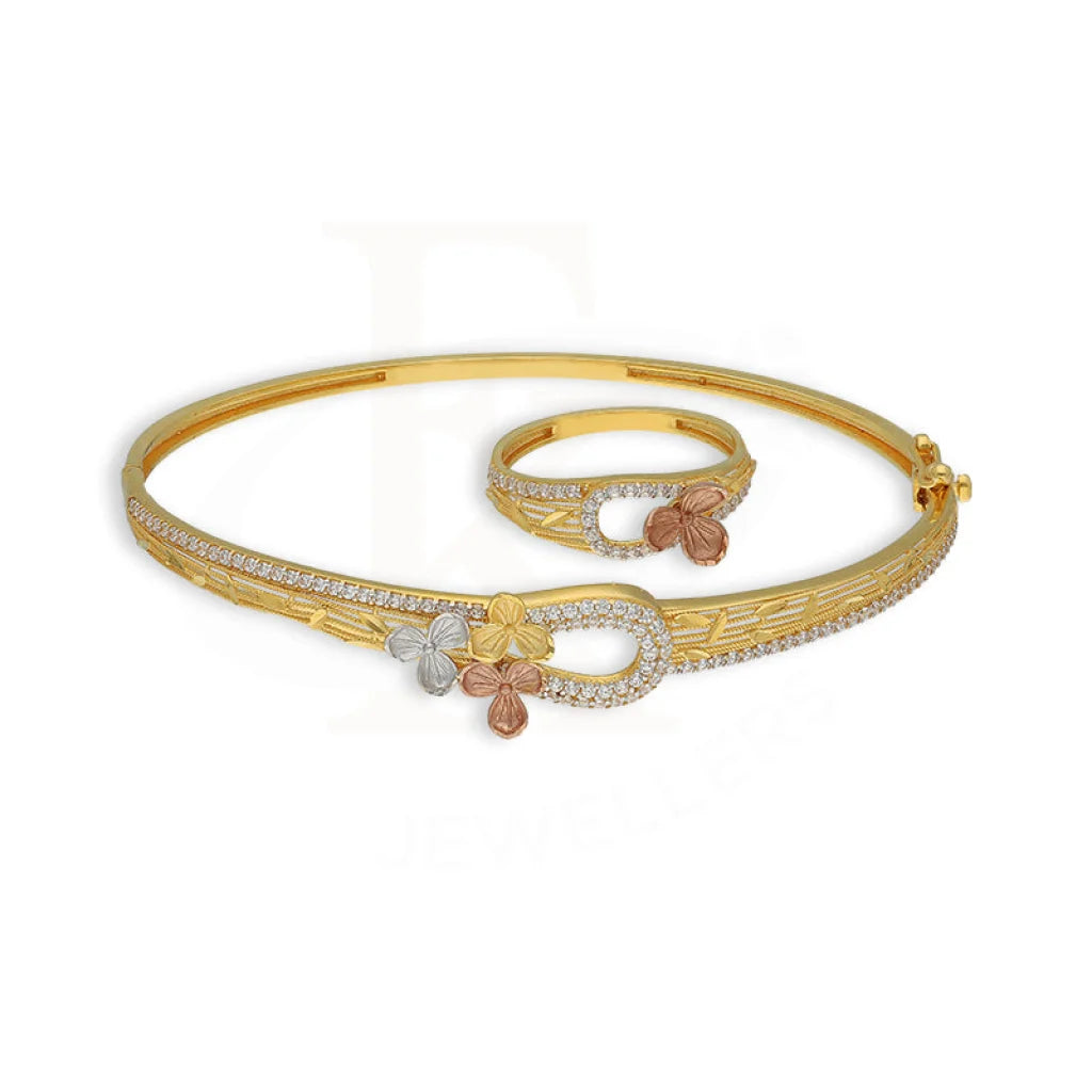 Tri Tone Gold Flowers Bangle With Ring 22Kt - Fkjbng22K5041 Bangles