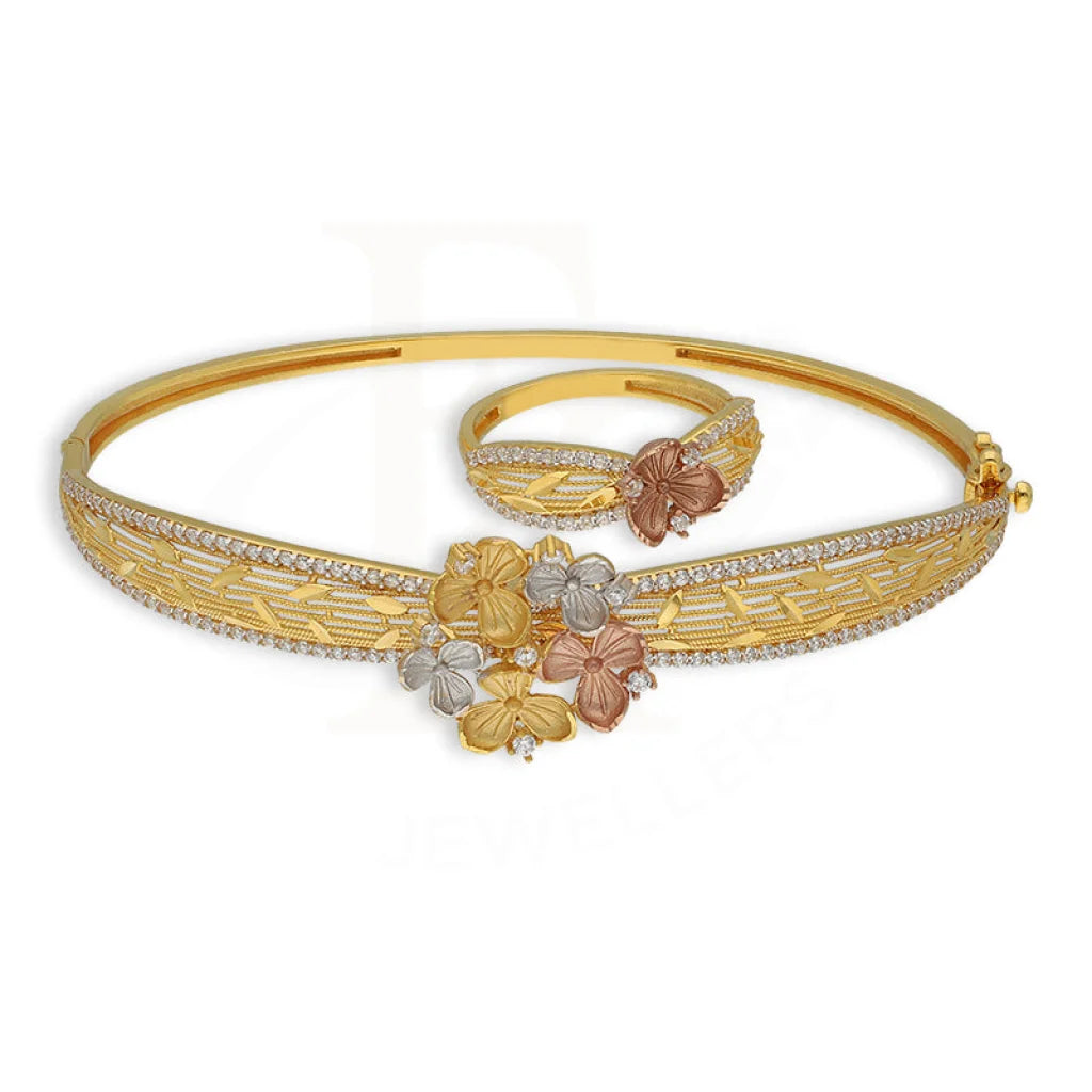 Tri Tone Gold Flowers Bangle With Ring 22Kt - Fkjbng22K5042 Bangles
