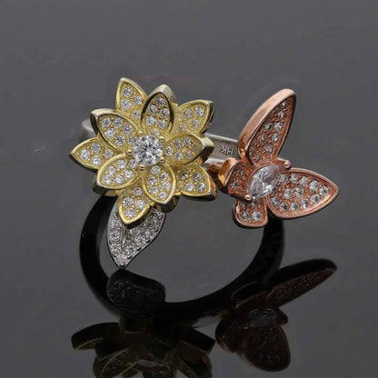 Trio Tone Sterling Silver 925 Flower With Butterfly Ring - Fkjrnsl3651 Rings